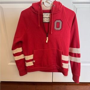 Colosseum Red Hooded Quarter-Zip Sweater with Cream Stripes